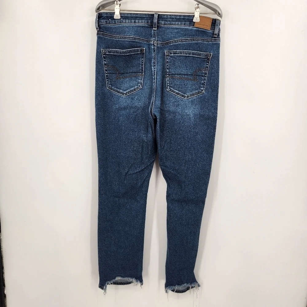 American Eagle Stretch Mom Jean Womens Size 8 Distressed Fray Hem Dark Wash